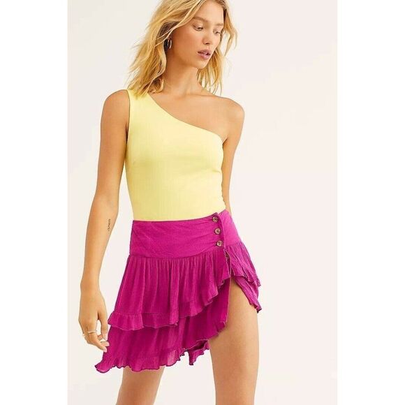NEW FREE PEOPLE ENDLESS SUMMER Sz L COSTELLO SKIRT RUFFLE TIERED MINI HOT PINK - Picture 1 of 3